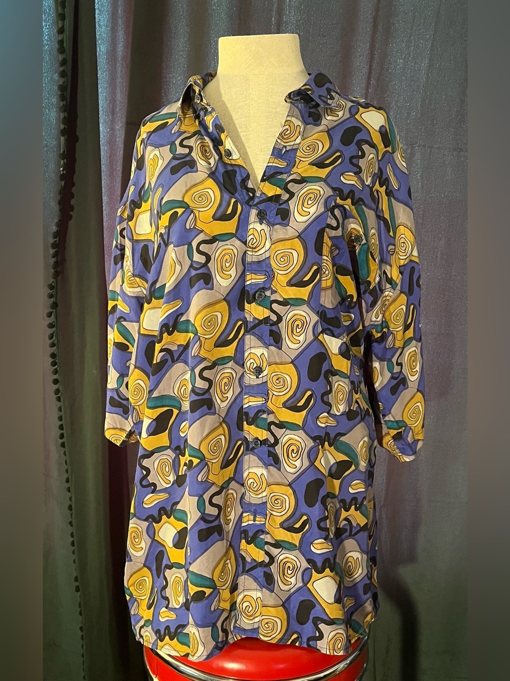 Vintage 90s Pure Silk Shirt Size XL Geometric Psychedelic Men’s Print Button Up